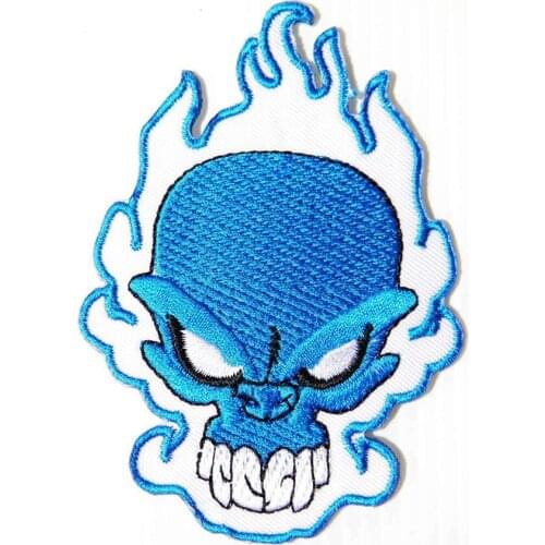 Blue Fire Skull Embroidered Patches Iron on for Punk Biker Clothing Jackets Vest Shirts Accessory Sewing Twill Fabric Customized