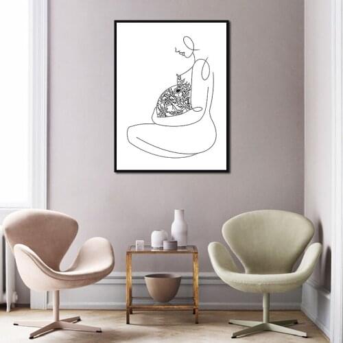 Wall Art Abstract Minimalist Women Plant Line Drawing Canvas Posters Prints Painting for Living Room Bedroom Corridor Decoration