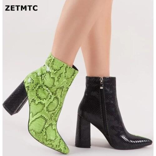 New Chelsea boots 2019 womens zipper boots snake ankle boots square heel fashion pointed ladies sexy shoes yellow 35-43