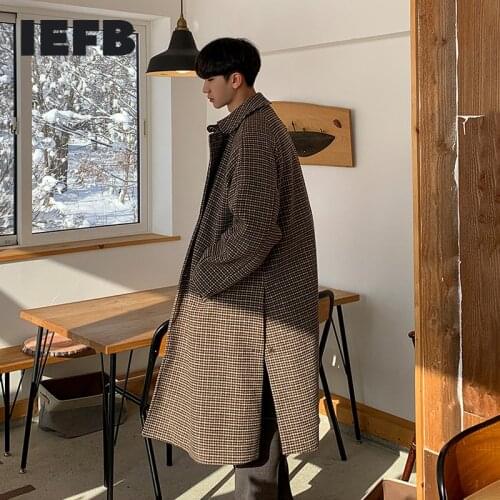 IEFB Mens Coat Winter New Korean Fashion Couples Retro Plaid Youth Pockets Mid Length Over Knee Split Loose Tweed Coats9Y8434