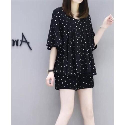 Chiffon T-shirt Dot Floral Tops Shorts Suit Two Piece Set Fashion Casual Women Set