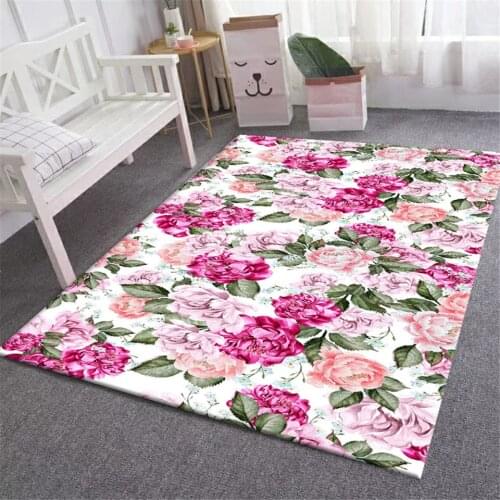Fresh Pink Floral Rug Bedroom Simple Plant Flower Printed Carpet Living Room Country Style Girl Room Bedside Mat Floor Rugs