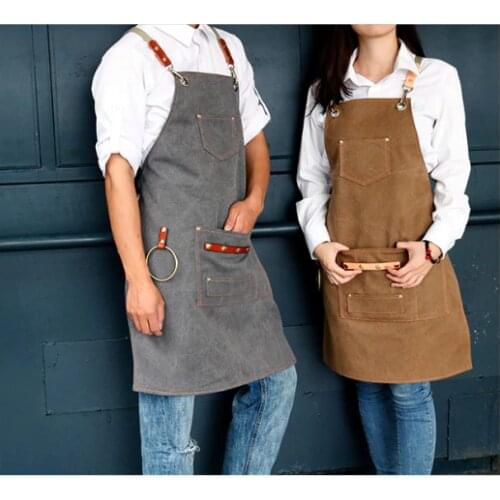 Canvas Apron Bib Leather Chef Kitchen Apron For Women Men Barista Bartender Pockets Home Barber Coffee Restaurant BBQ Potect