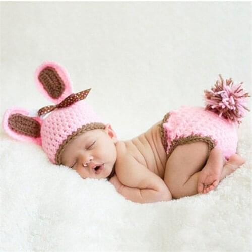 Baby Girls Crochet Knit Costume Newborn Pink Rabbit Handmade Clothes Photography Accessories Infant Toddler Studios Photo Props