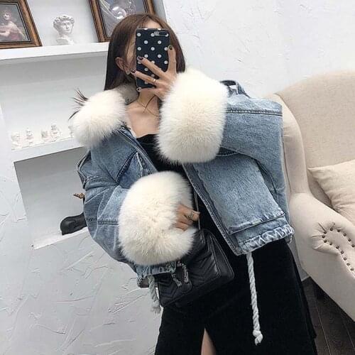 2019 Winter Jacket Women Real Fox Fur Collar Cuffs Rabbit Lining Denim Parka Warm Loose Outerwear Streetwear Removable