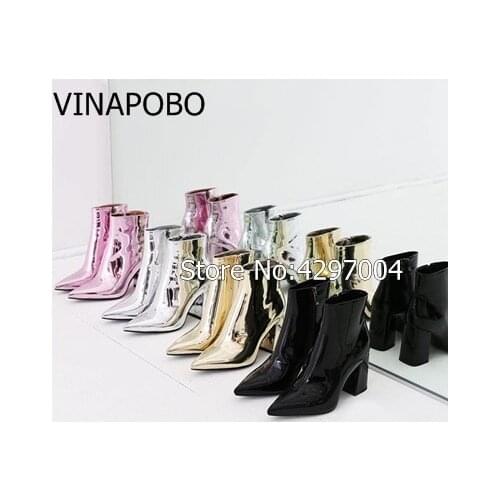 Vinapobo Rose Silver Gold Women Ankle Boots Pointed Toe Chunky High Heel Boots Mirror Metallic Women Pumps Female Sexy Stiletto