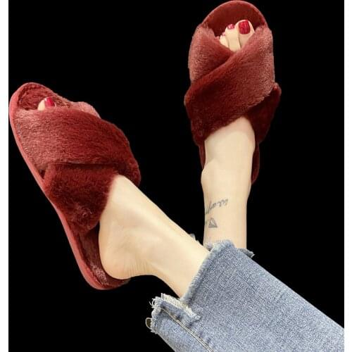 2021 Winter Women House Slippers Faux Fur Fashion Warm Shoes Woman Slip on Flats Female Slides Black Pink Cozy Furry Slippers