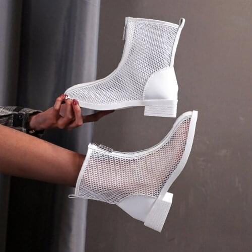 Mesh Hollow Chelsea Short Boots Women 2021 New Summer Thin Section Breathable Thick Heel Boots Female High Top Sandals