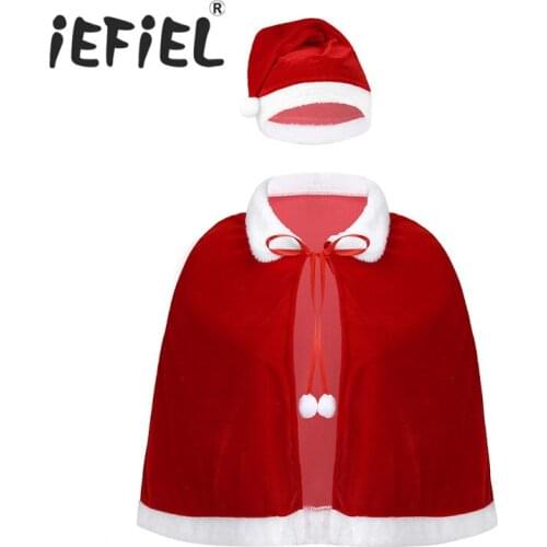 Womens Female Red Velvet Santa Cape Fur Collar Short Cloak Shawl with Christmas Hat Xmas Costume Cosplay Party Outfit Accessory
