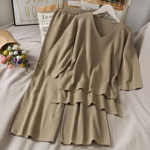 Loose Casual Knitting Women Sets 2pcs V-neck Pullovers Sweaters+Wide Leg Pant Elegant Office Ladies Sweater Suit