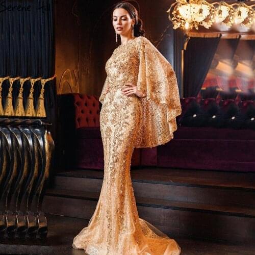 Gold Mermaid Elegant Luxury Long Evening Dresses Gowns 2021 Pearls Beading With Cape For Women Party BLA70738 Serene Hill