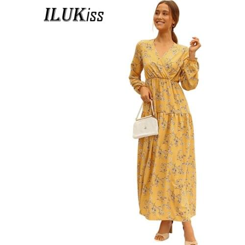 Fall Long Sleeve Maxi Dress Women 2021 Fashion Casual High Waist Slim Floral Print V Neck Office Lady Dresses Elegant Vestidos