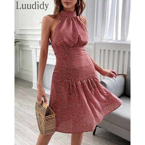 Women Sexy Polkadot Print Ruffles Halter Tank Dress