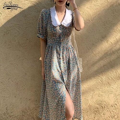 2021 Summer Fashion Female Puff Sleeve Vintage Floral Print Peter Pan Collar Boho Robe Women Chiffon Dress Casual Vestidos 14036