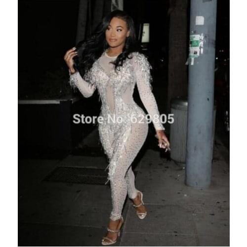 2019 Fashion Sexy Crystals Jumpsuit Shining Diamond Outfit Women Female Singer Wear Stage Rhinestone Costume Nightclub
