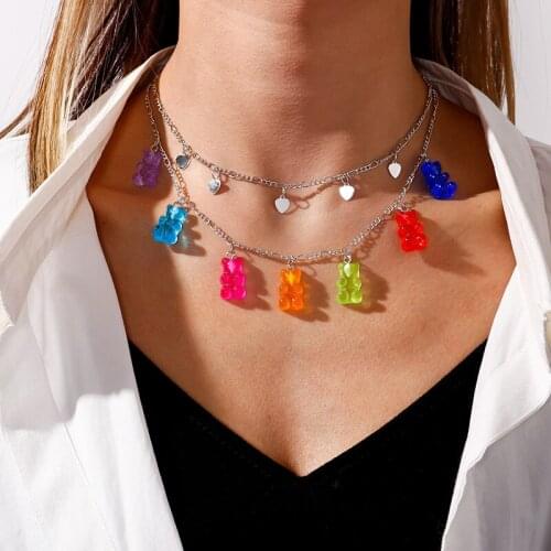 2021 Transparent Jelly Bear Necklace Double Cross Heart Star Neckchain 7 Colors Candy Color Gummy Mini Bear Accessories