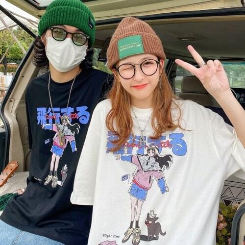 2021 Vintage Anime T Shirt Lovers shirt Cartoon Print Tshirt Streetwear Loose Tops Korean Summer Black White T-shirt S-5XL
