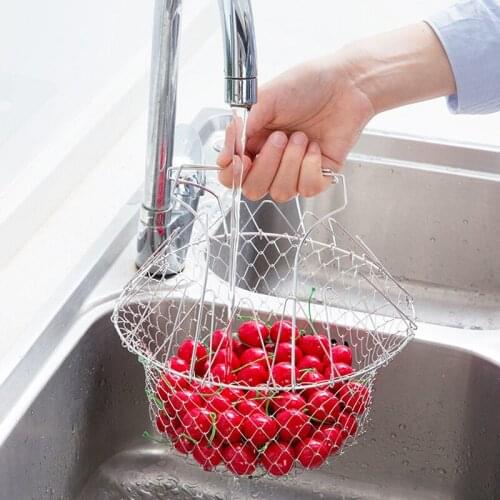 304 Stainless Steel Strainer Kitchen Wash Vegetable Fry Net Basket Multifunctional Collapsible Cooking Frying Draining Strain