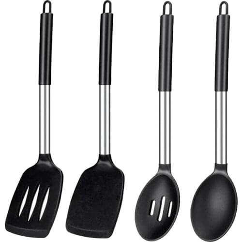 4 Pcs Silicone Cooking Spoon Slotted Spoon Turner Spatula,Stainless Steel Handle,for Nonstick Cookware
