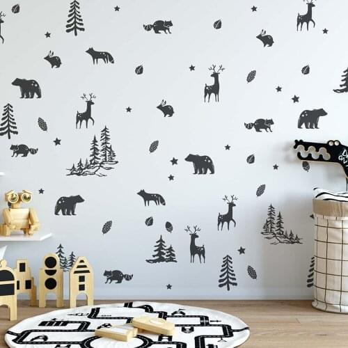 57Pcs Cartoon Woodland Pine Tree Bear Deer Fox Wall Decal Playroom Kids Jungle Forest Animal Forest Wall Sticker Baby Nursery