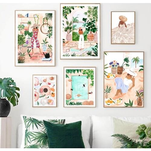 Boho Morocco Abstract Travel Poster Plant Fashion Lady Canvas Painting Tropical Art Print Nordic Wall Picture Living Room Decor