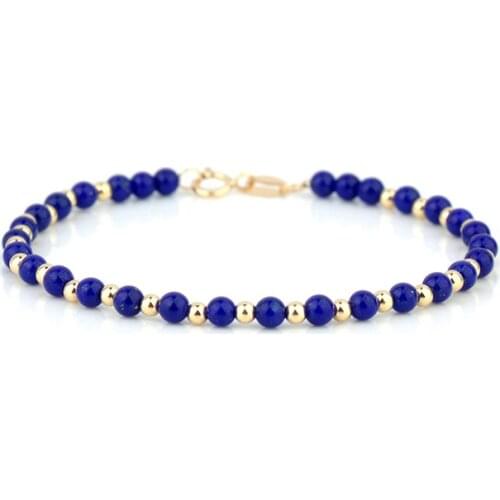 Pure 18K Yellow Gold 3mmW Gold Bead with Natural Lapis Lazuli Beads Link Bracelet 7.87"L