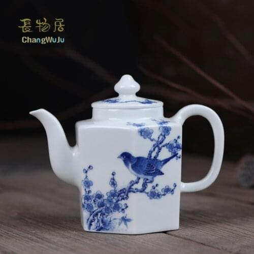 Changwuju Jinhdezhen teapot JinHongxia hand painted blue and white tea pot Handmade tea ware with Flower-Bird fine brushwork
