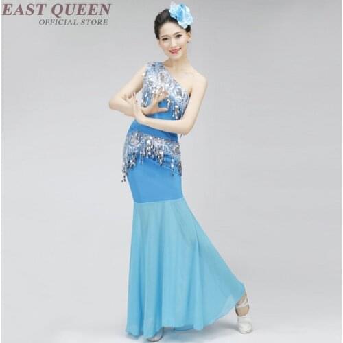 Wholesale Chinese Folk Dance Dress Sequins Belly Dance Costume Peacock Dai Fish Tail Leotard Dancewear 4XL 5XL FF055 YQ