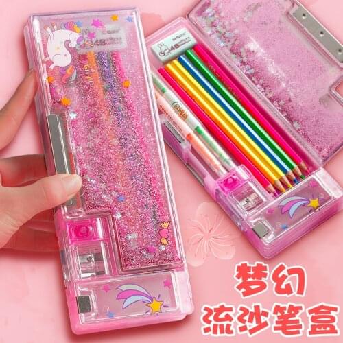 Multi-function Quicksand Style Pencil Case Large-capacity Stationery Box Creative School Supplies Kawaii Transparent Pen Box