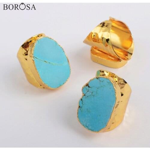 BOROSA 5Pcs Fashion Blue Howlite Ring Gold Plating Freeform Turquoises Women Rings Jewelry Gems Stone Ring Jewelry G0208