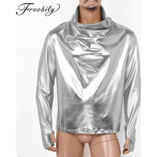 Mens Hip Hop Faux Leather T Shirts Heap Collar Long Sleeve Shiny Metallic Hipster Hiphop Street Style Tees For Male Clubwear
