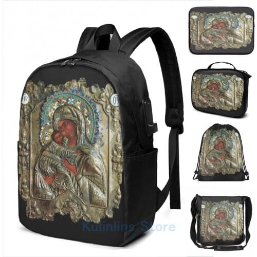 Funny Graphic print Holy Mother of God Virgin Mary with baby Jesus Icon 05 USB Charge Backpack men School Travel laptop bag