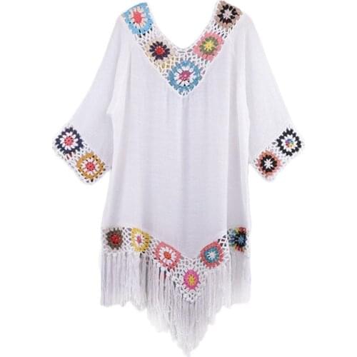 2021 Summer New Women’s Crochet Chiffon Tassel Tunic Bikini Dress Up Beachwear Swimwear Robe Dresses Beach Swimsuits Cover C1H1