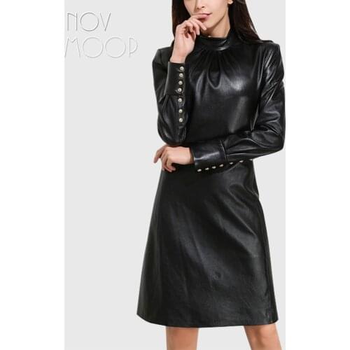 Novmoop High street women black A-shape full sleeve skeepkin genuine leather dress with button decor Robe en cuir Vestido LT2891