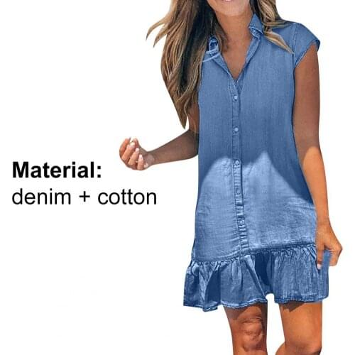 High waist sleeveless mini soft jeans dress women frilled casual summer sundress short denim beach dress cotton джинсы