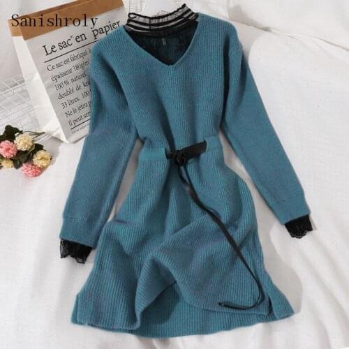 Turtleneck Midi Long Knitted Dress Women Lace Patchwork Sweater Dresses Lady Long Sleeve Bottoming Dress Vestidos With Belt