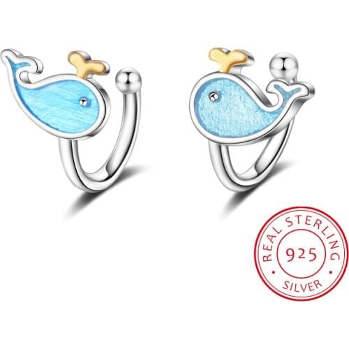 100% Sterling Silver Blue Lovely Whale Stud Earrings For Girls Kids Children Creative Cute Marine Animals Girl Jewelry