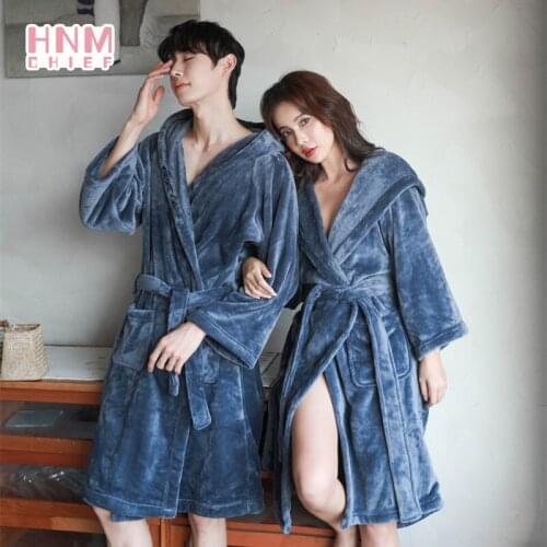HNMCHIEF Blue Flannel Bathrobe Spring Robe Long Sleeve Hooded Nightgown Womens/Mens Pajamas Coral Fleece Home Wear Night Dress