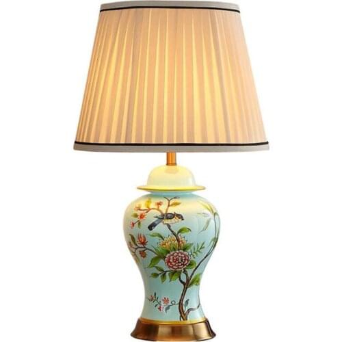 Modern Pasoral Ceramic Dimmer Table Lamp for Foyer Bed Room Study Blue Birds Flowers Porcelain Reading Light H 55/68cm 2509