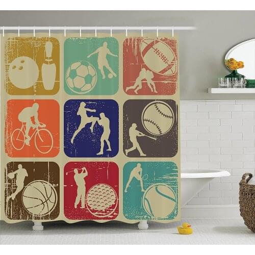 Shower Curtain Assorted Sports Banners in Vintage Grunge Effect Tennis Soccer Bowling Sports Pub Theme Decor Bathroom Curtains