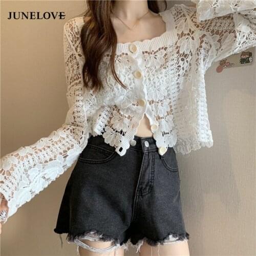 JuneLove Square Collar Hollow Out Blouse Women Long Sleeve Korean Fashion Hook Flower Loose Chic Shirts Button Sexy Crop Tops