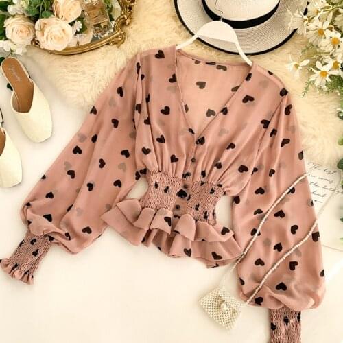 Women Elegant Ruffles Slim Waist Pleat Holiday Blusas Spring New Shirt V Neck Lantern Long Sleeve Heart Print Blouse