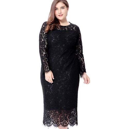Miaoke Plus Size Long Sleeve Midi Lace Dress Women Clothing 2018 High Quality Fashion Sexy Club Party Elegant Dresses 4XL 5XL 6X
