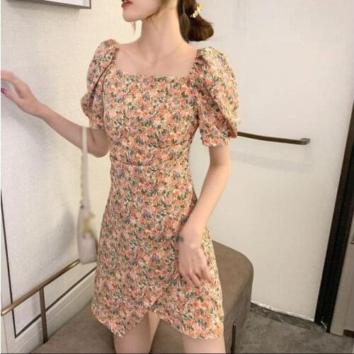 Floral Print Tie Neck Slim Tighten Waist Floral Mid-Length Summer Ruffles Women Puffed Sleeves Dress Boho Dresse Korean Vestidos