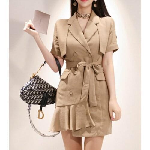 Woman Sheer Casual Summer Dress 2020 Short Sleeve Double Breasted Work Office Blazer Dress Ladies A Line Mini Dresses for Women