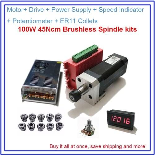 100W Brushless Spindle 45Ncm DC 42mm Motor+ Drive + Power Supply + Speed Indicator + Potentiometer + ER11 Collets Match MACH3