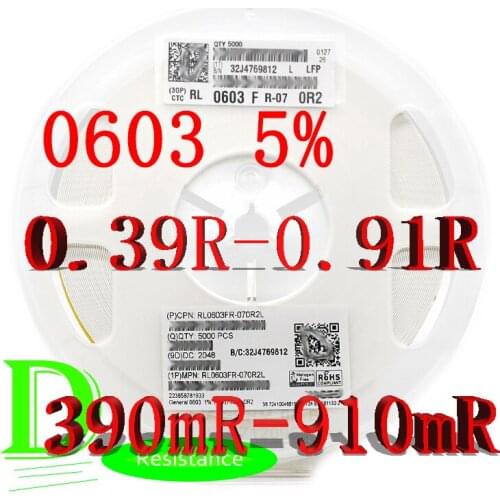 100PCS SMD Resistor 0603 5% RL0603JR-07 Series 0.39R 0.4R 0.43R 0.47R 0.5R 0.51R 0.56R 0.62R 0.68R 0.75R 0.82R 0.91R