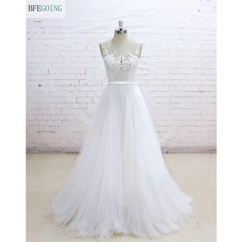 White Lace Tulle Sleeveless Scoop Floor-Length A-Line Wedding Gown Bridal Dress Court Train Custom Made