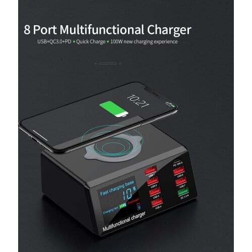 X9 8 Port Wireless USB Charger Quick Charge PD+QC3.0+USB Port Charge Station with LED Display USB HUB for Phone Laptop Tablet