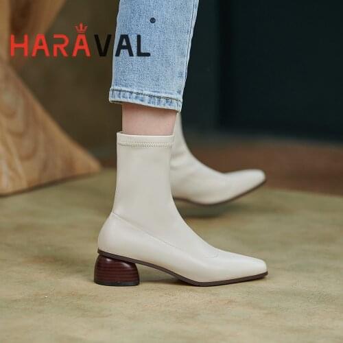 HARAVAL Women Ankle Motorcycle Boots Shoes Black White Solid Stretch Fabric Boot Women Black White Elegant Shoes Solid E412L